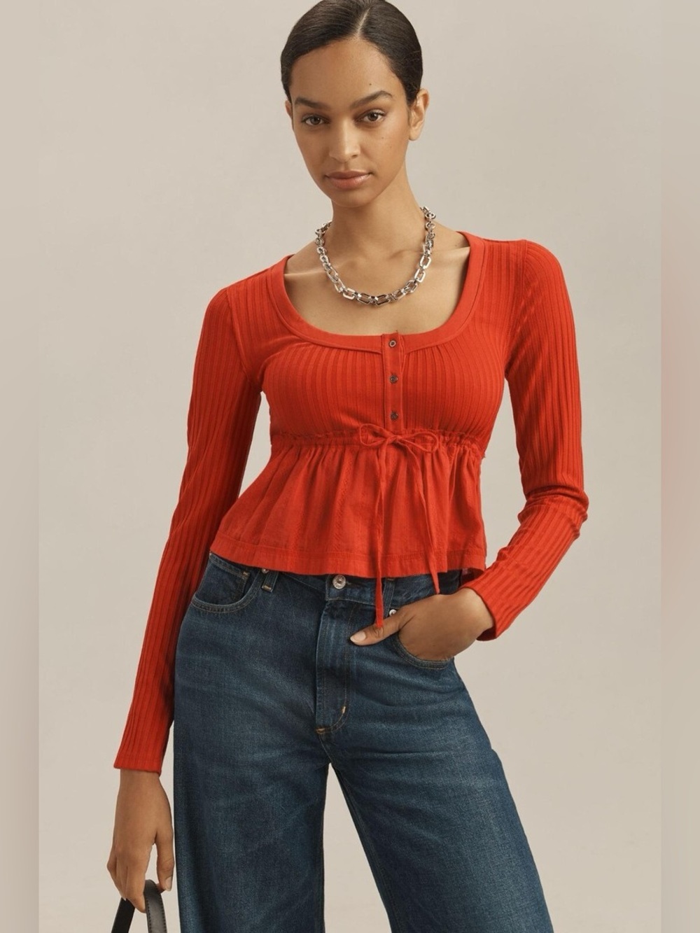 Pilcro Anthropologie Cottagecore Red Mixed Media Ribbed Eyelet Peplum Top XL